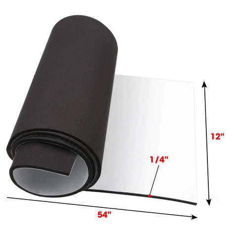 Straight Up Heavy Duty Neoprene Foam Rubber Roll With Reliable Adhesive Backing For Soundproofing Cosplay Props And Flexible Diy Projects One Quarter Inch Thick Water Resistant Insulation Sheet, rolled up view, measures 12x54 inches.
