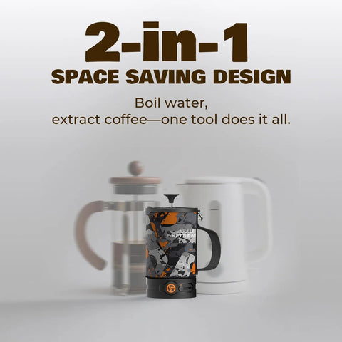 Portable Camping Coffee Maker Electric French Press Travel Kettle 120V Boil And Brew In One sleek design with 2-in-1 functionality.