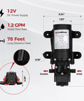 12V DC Water Pump For RV And Boat, 1.2 GPM Diaphragm Pump dimensions and specifications displayed