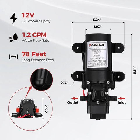 12V DC Water Pump For RV And Boat, 1.2 GPM Diaphragm Pump dimensions and specifications displayed