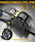 Heavy Duty Self Retracting Tie Down Straps Two Pack Two Inch By Ten Feet Four Thousand Four Hundred Pound Break Strength Auto Retractor Harness For Motorcycle Atv Utv Pickup Truck Cargo Van Grey Tough As Nails Gear close-up of stainless steel spring and hook mechanism.