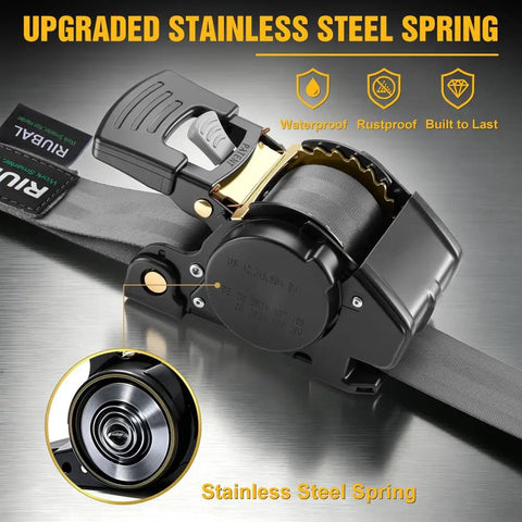 Heavy Duty Self Retracting Tie Down Straps Two Pack Two Inch By Ten Feet Four Thousand Four Hundred Pound Break Strength Auto Retractor Harness For Motorcycle Atv Utv Pickup Truck Cargo Van Grey Tough As Nails Gear close-up of stainless steel spring and hook mechanism.