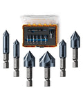 Legit Heavy Duty M35 Cobalt Countersink Drill Bits, Premium Hex Shank Set in storage case, seven sizes for metal working.