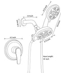 Diagram of High Pressure Dual Shower System with Handheld and Fixed Heads 2 in 1 Shower Combo 3 Way Diverter Brushed Nickel Trim