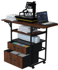 Mobile Heat Press Table With Pull Out Tray And Drawers, Heavy Duty 4 Tier Foldable Cart On Wheels holding printer and laptop