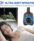 Submersible Water Pump Ultra Quiet 200 GPH Fountain Pump With Overheating Protection in aquarium, person sleeping nearby