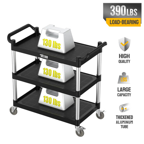 Heavy Duty Three Tier Plastic Utility Cart With Wheels, Beast Of A Cart Capable Of 450 Lbs, Perfect For Restaurant Foodservice Office And Warehouse