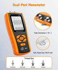 Digital Dual-Port Manometer showing display, connectors, and tube sizes, Handheld Manometer Gas Pressure Tester for HVAC Pros and DIYers