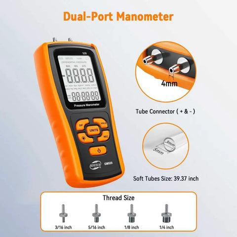 Digital Dual-Port Manometer showing display, connectors, and tube sizes, Handheld Manometer Gas Pressure Tester for HVAC Pros and DIYers