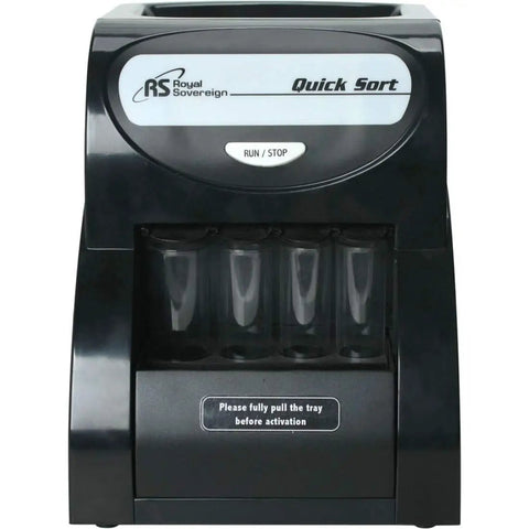 High Performance Electric Coin Sorter With Anti Jam Technology For Rapid One Row Counting and Easy Wrapping, black design with coin tubes.