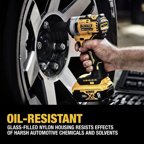 Heavy Duty 20V Compact Impact Wrench Kit Equipped With Brushless Motor And Dual Trigger Control in use on wheel lug nuts.