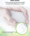 Hands holding ABS filament pellets with text highlighting non-toxic properties, related to ABS Filament 1.75mm Black 1kg For 3D Printing With Heavy Duty Impact And Heat Resistance Odorless Non Toxic Stability Beefy Tough And Warp Resistant Material For Large Prints.