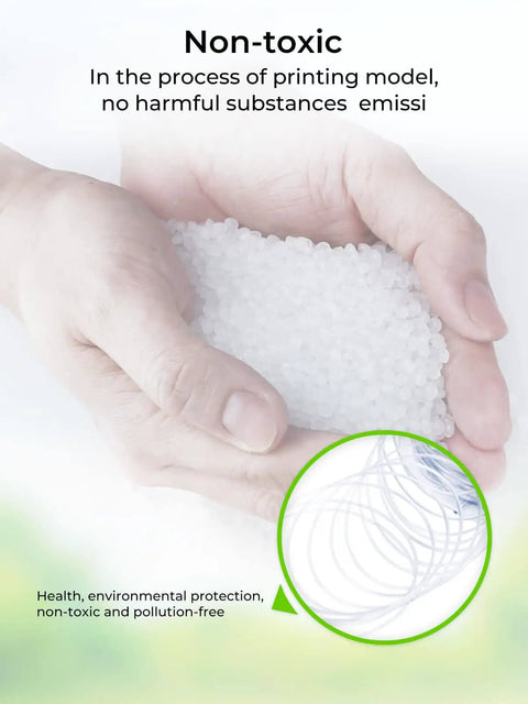Hands holding ABS filament pellets with text highlighting non-toxic properties, related to ABS Filament 1.75mm Black 1kg For 3D Printing With Heavy Duty Impact And Heat Resistance Odorless Non Toxic Stability Beefy Tough And Warp Resistant Material For Large Prints.