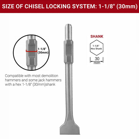 Image showing a 1-1/8 inch Hex Shank Scraping Chisel for Demolition Hammer focused on the shank size and chisel design with measurements.