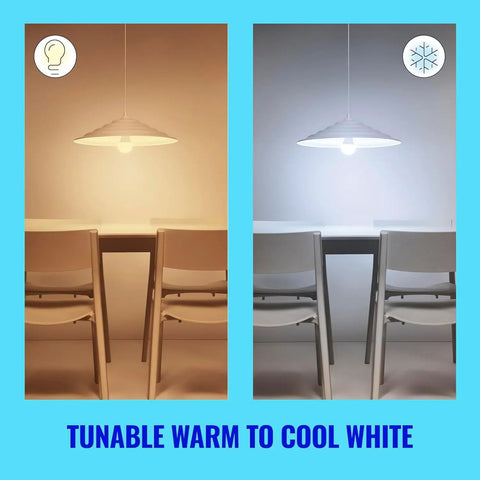 Two-Pack Color 60W A19 Smart WiFi Light Bulbs illuminating a room with warm and cool white light, showing tunable light options.