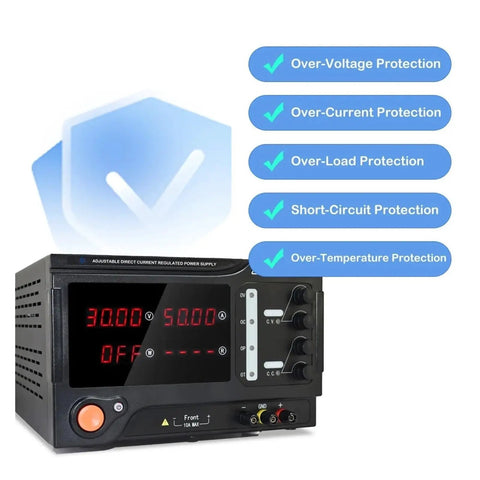 Beefy 600V 5A 3000W Bench Power Supply With Programmable Switching Control For DIY Electronics, Phone Repair And Plating Projects, Stable Voltage And Current, Overload And Over Voltage Protection, Plug And Play Setup front view with digital display and protection icons