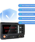 Beefy Bench Top Adjustable DC Power Supply 800V 3A For Lab Work And Car Battery Charging With Tight Voltage And Current Stabilization Overcurrent And Overvoltage Protection A Solid Tool For DIY Tech Projects black benchtop unit with LCD display and protection labels
