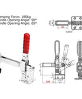 Heavy Duty Vertical Fast Long Arm Toggle Clamp Crimping Station showing steel alloy frame, red handle, and specs diagram.