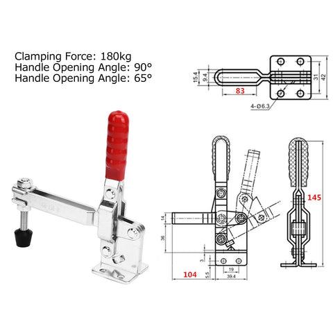 Heavy Duty Vertical Fast Long Arm Toggle Clamp Crimping Station showing steel alloy frame, red handle, and specs diagram.
