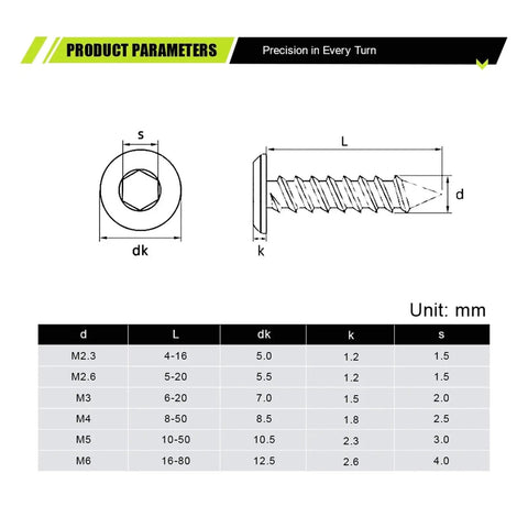 Technical diagram of Black Plated Hex Socket Flat Round Head Wood Screw M4x12mm Self Tapping for Quick Furniture Assembly.