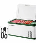 12 Volt Portable Refrigerator 21 Quart Car Fridge Cooler with meats and fruits inside, perfect for outdoor use.