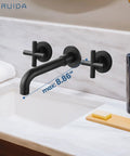 Solid Brass Widespread Wall Mount Bathroom Faucet With 360 Degree Swivel Spout Matte Black Finish Double Cross Handles