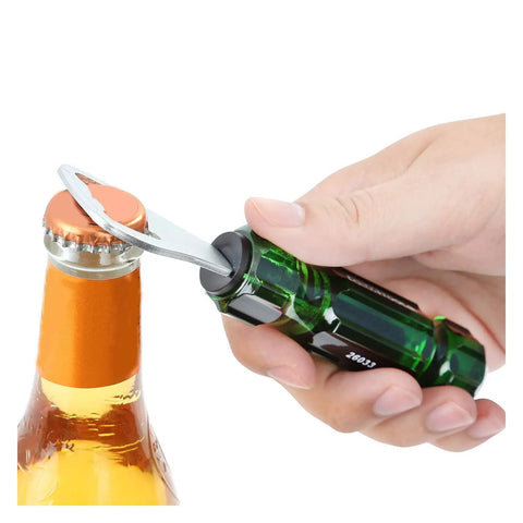 Hand using Screwdriver Style Bottle Opener With Durable Acetate Handle Built For Workspaces, Garages, And Toolboxes on beer bottle.