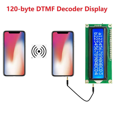 MT8870 DTMF Decoder LCD Display Module showing audio signals from two smartphones, ideal for phone interfaces and DIY projects.