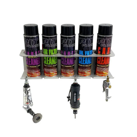Pneumatic Tool Holder And Aerosol Rack Combo Wall Mount For Garage And Trailer Holds Five Cans With Six Slots Made In USA Air Tool Organizer For Spray Cans And Small Tools Ideal For Toy Hauler And Workshop