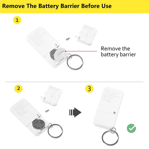 Instruction for Rock Solid Dual Outlet Outdoor Timer Plug: Remove battery barrier step-by-step with keychain and battery.