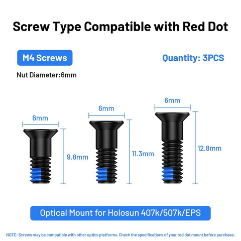 Red Dot Sight Screw Kit For M4 Mounts, 9 Pieces, 6Mm Diameter With 9.8Mm 11.3Mm And 12.8Mm Lengths, Fits Holosun 407K 507K EPS Optics