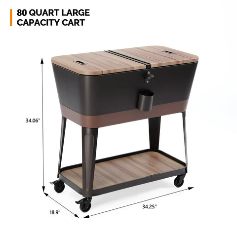 80 Quart Rolling Patio Cooler Cart With Blackboard, Built In Bottle Opener, Drainage System And Extra Storage Cabinet on wheels