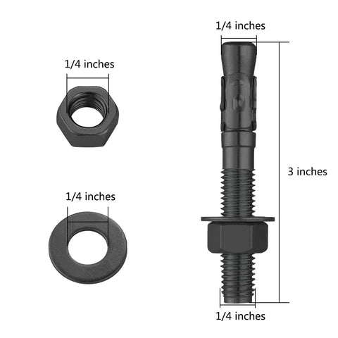 Ten Piece Set Of One Quarter Inch By Three Inch Standard Fasteners For Heavy Duty Black Wedge Anchors For Cement And Concrete With Galvanized Carbon Steel Construction