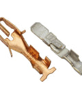 Close-up of GM steering column kit terminals; two copper and silver crimp contacts