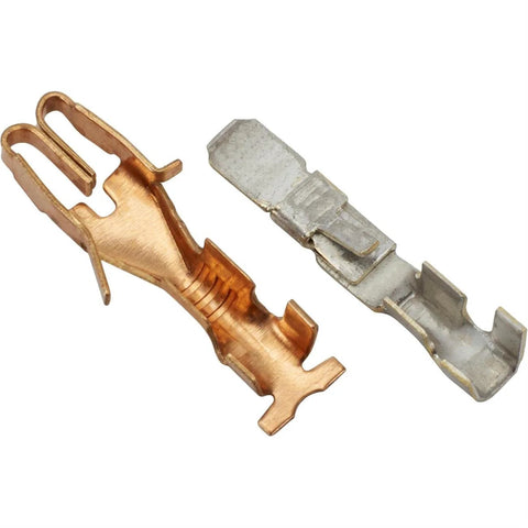 Close-up of GM steering column kit terminals; two copper and silver crimp contacts