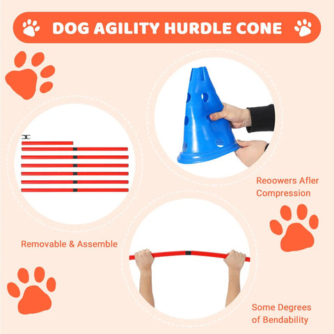 Backyard Dog Agility Training Kit For Real Pros And Beginners with blue hurdle cone and red poles, pro grade setup shown