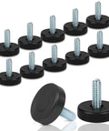 12-pack Adjustable 1/4-20 Thread Furniture Feet Levelers with galvanized steel and black PP base, ideal for tables and cabinets.