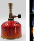 Portable Bunsen Burner For Lab Use With Adjustable Flame brass construction gas blowtorch, red canister, flame variations shown