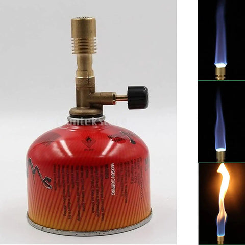 Portable Bunsen Burner For Lab Use With Adjustable Flame brass construction gas blowtorch, red canister, flame variations shown