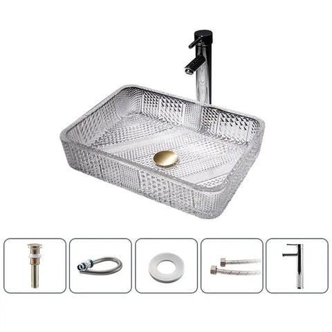 Square Clear Glass Vessel Sink Slick Finish Zero Hassle Cleanup Bathroom Vanity Basin Top Tier Modern Hotel Washbasin with gold stopper.
