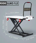 Electric scissor lift table cart with flatbed, black frame, white top, red wheels, control panel.