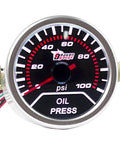 Automotive oil pressure gauge, 2-inch (52mm) dial, black face with white 0–100 psi scale and red needle