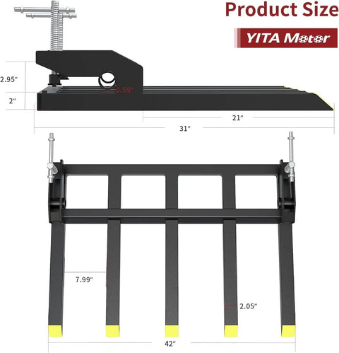Dimensions and side view of heavy duty 42 inch clamp on debris forks for skid steer and tractor loaders with 2500 lbs capacity
