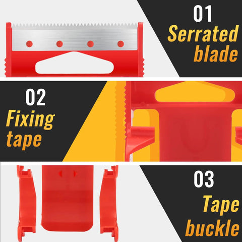 Close-up of red tape dispenser showing serrated blade, fixing tape, and buckle for 12 Rolls Heavy Duty Packaging Tape With Dispenser Clear