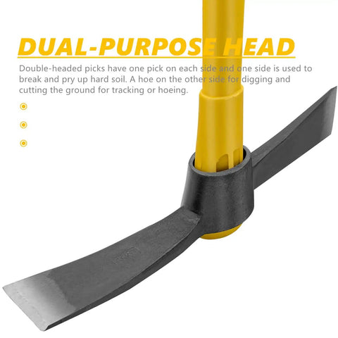 Close-up of 36 Inch Heavy Duty Mattock With Dual Head Forged Heat Treated Steel Blades Fiberglass Handle in yellow.