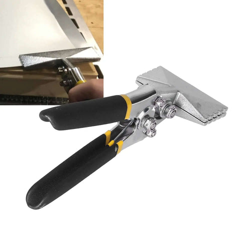 Pro Grade Heavy Duty Sheet Metal Bender And Hand Seamer Pliers Alloy Steel for bending metal sheets, shown in use and close-up view