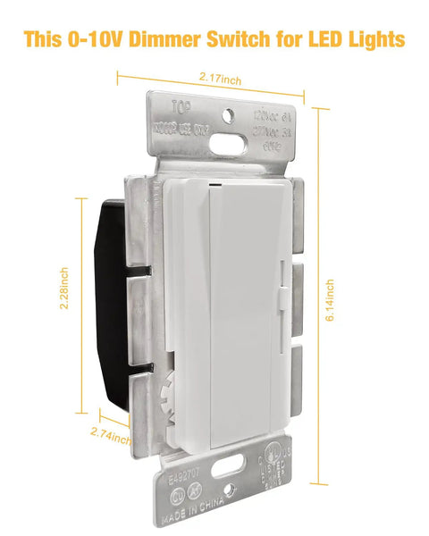 Rock Solid 0-10V LED Dimmer Switch For Single Pole Or Three Way Wiring with dimensions for wall installation.