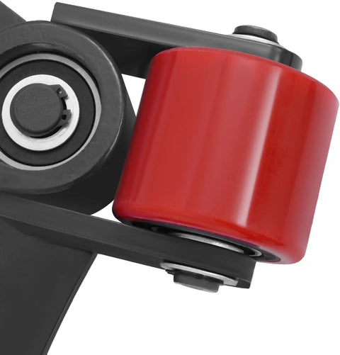 Close-up of Rock Solid Heavy Duty Machinery Skates Built Like A Tank Smooth Rolling 360 Degree Polyurethane Casters with red wheel.