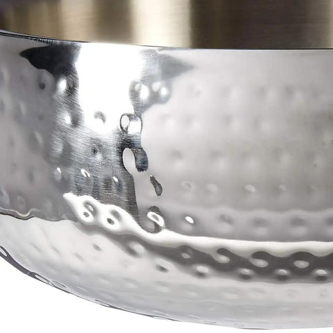 Close-up of Heavy Duty Double Wall Insulated Stainless Steel Serving Bowl With Hella Sharp Hammered Finish. 11.5 inch large capacity.