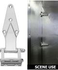 Two Pack Heavy Duty Zinc Alloy Door Hinges For Oven, Kitchen Equipment And Fridge Cold Storage, Rugged Door Hardware With Enhanced Seal And Adjustable Fit, Durable Zinc Alloy Construction For Long Lasting Performance, shown on metal door